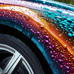 **Prompt:** Microcapsules releasing a self-healing epoxy resin into a scratch on a car's paint, close-up macro shot, vibrant colors, high detail, futuristic technology.