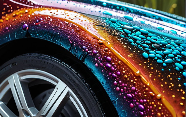 **Prompt:** Microcapsules releasing a self-healing epoxy resin into a scratch on a car's paint, close-up macro shot, vibrant colors, high detail, futuristic technology.