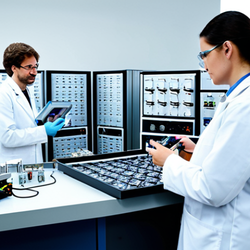 Home 17 Battery Material Innovation**
A modern research laboratory with scientists in lab coats analyzing battery materials. Focus on advanced equipment and displays showcasing lithium, nickel, and innovative solid-state battery components. Bright, clean, and professional setting. safe for work, appropriate content, fully clothed, professional environment, perfect anatomy, natural proportions, high quality.
**