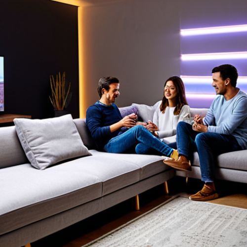 Home 8 **
"A modern living room interior, featuring smart LED lighting. The scene shows a fully clothed family relaxing on a sofa, bathed in the warm glow of adjustable LED strip lights. The lights are subtly changing color to create a cozy and inviting atmosphere. In the background, a smart home device is visible. Safe for work, appropriate content, fully clothed, professional, modest, family-friendly. Perfect anatomy, correct proportions, natural pose, well-formed hands, proper finger count, natural body proportions, high quality."
**