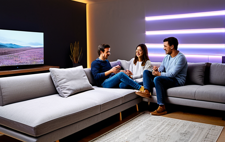**
"A modern living room interior, featuring smart LED lighting. The scene shows a fully clothed family relaxing on a sofa, bathed in the warm glow of adjustable LED strip lights. The lights are subtly changing color to create a cozy and inviting atmosphere. In the background, a smart home device is visible. Safe for work, appropriate content, fully clothed, professional, modest, family-friendly. Perfect anatomy, correct proportions, natural pose, well-formed hands, proper finger count, natural body proportions, high quality."
**